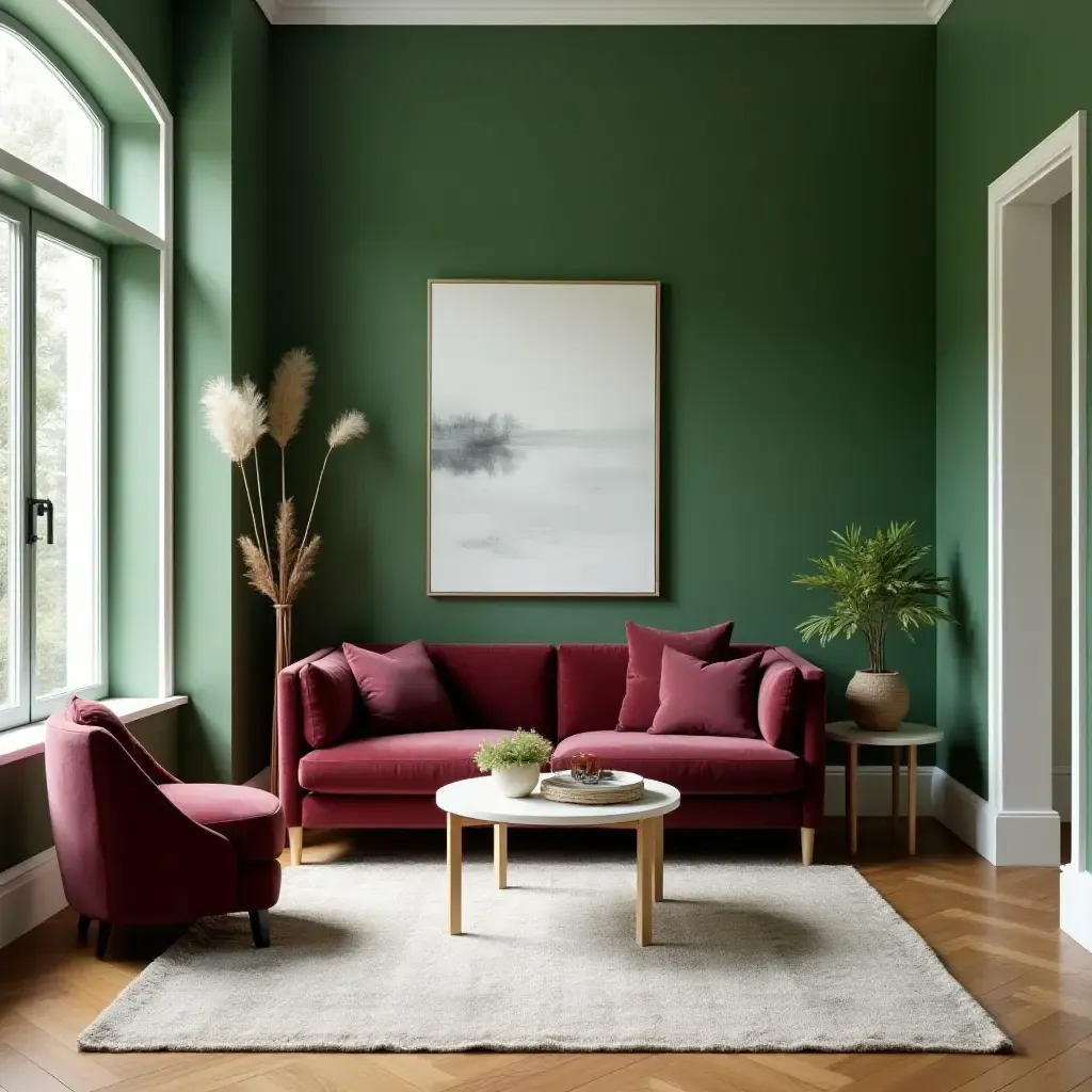 a photo of a bright living room with green walls and burgundy furniture accents