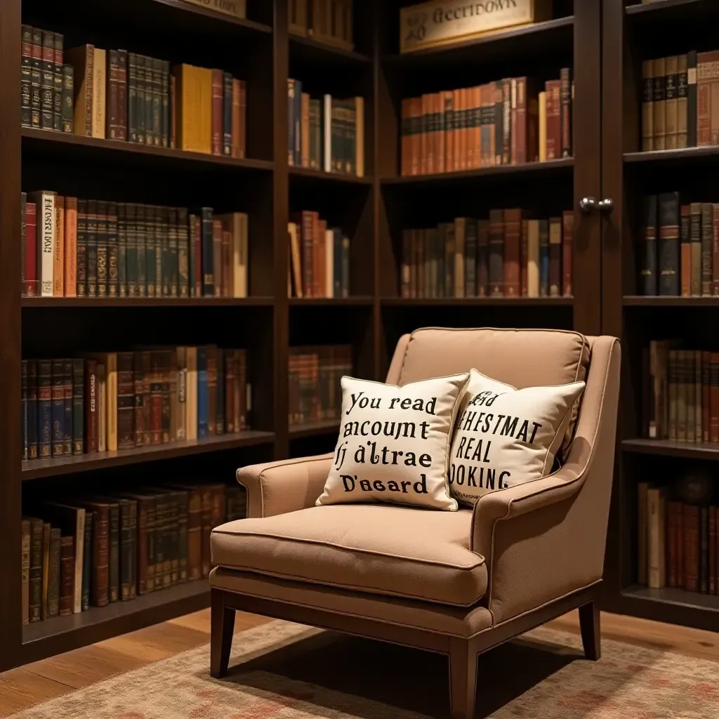 a photo of a basement library with literary-themed throw pillows on a reading chair