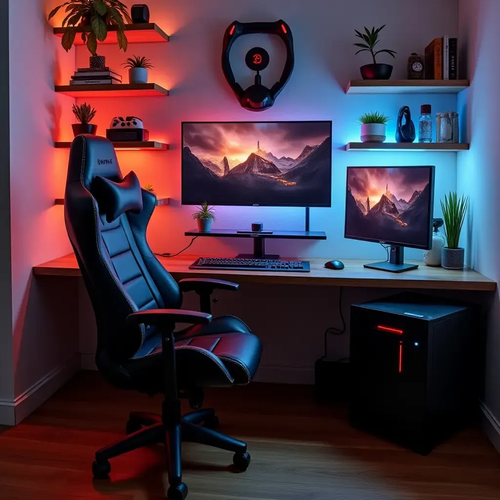 a photo of a compact gaming area with organized storage solutions