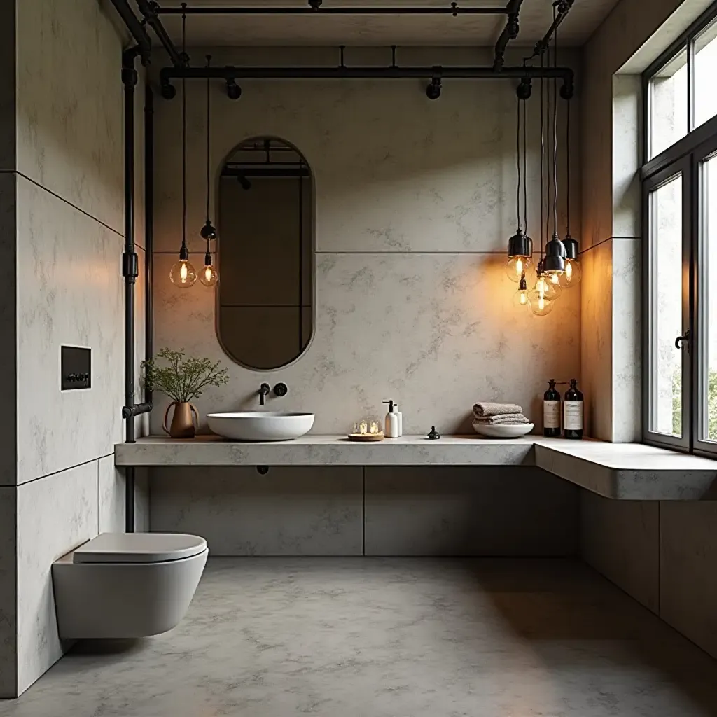 a photo of an industrial bathroom with metal pendant lights and exposed pipes