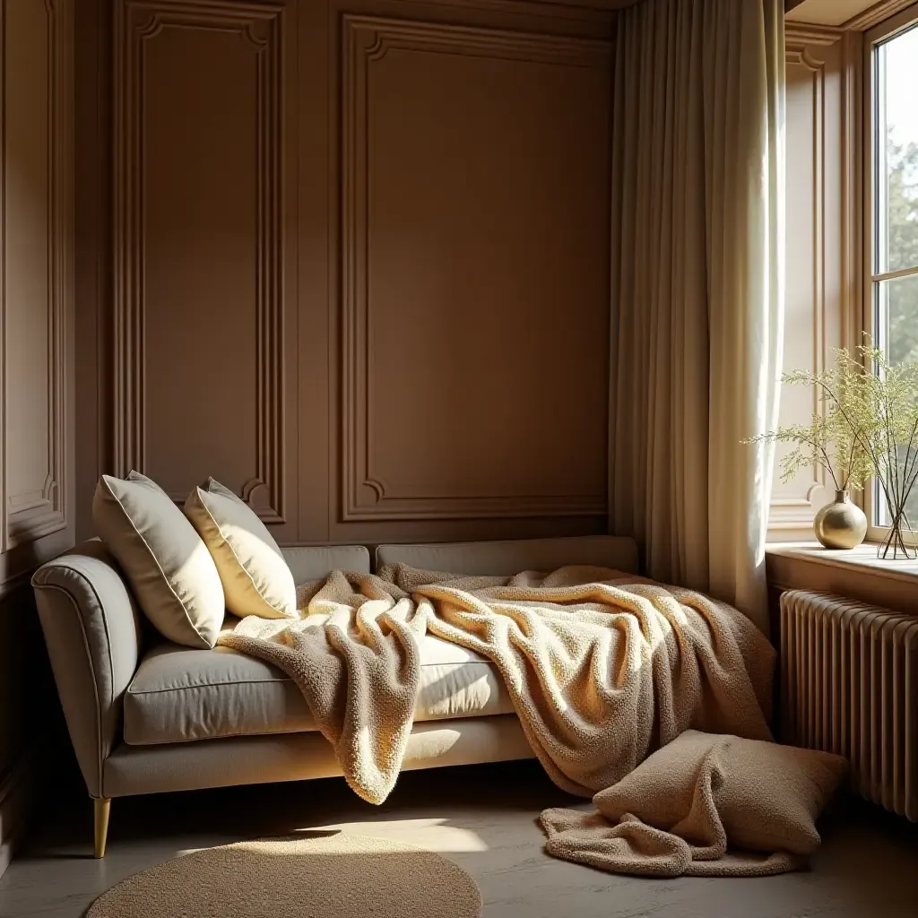 a photo of a luxurious reading area with metallic throw blankets