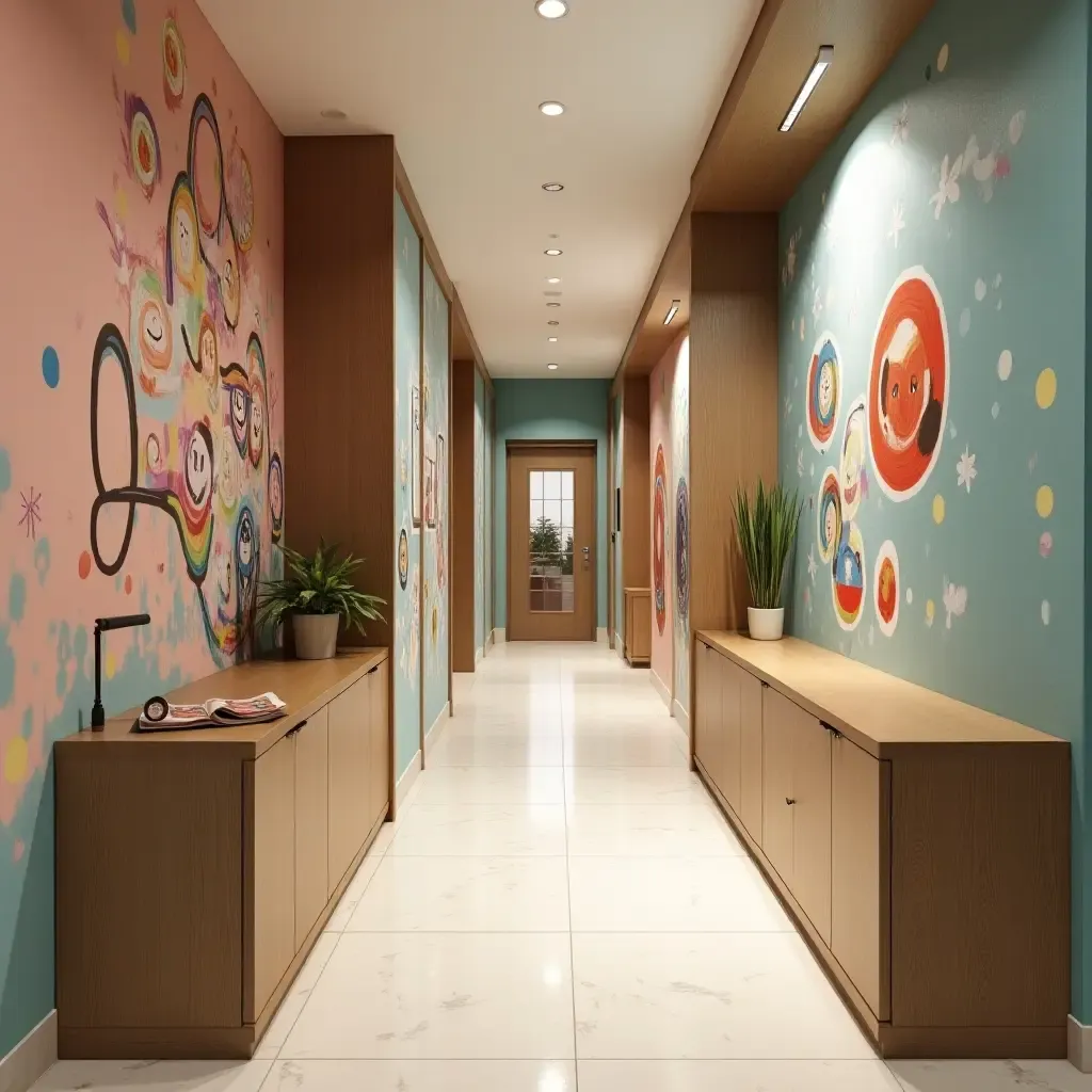 a photo of a corridor with an artistic mural and functional storage furniture