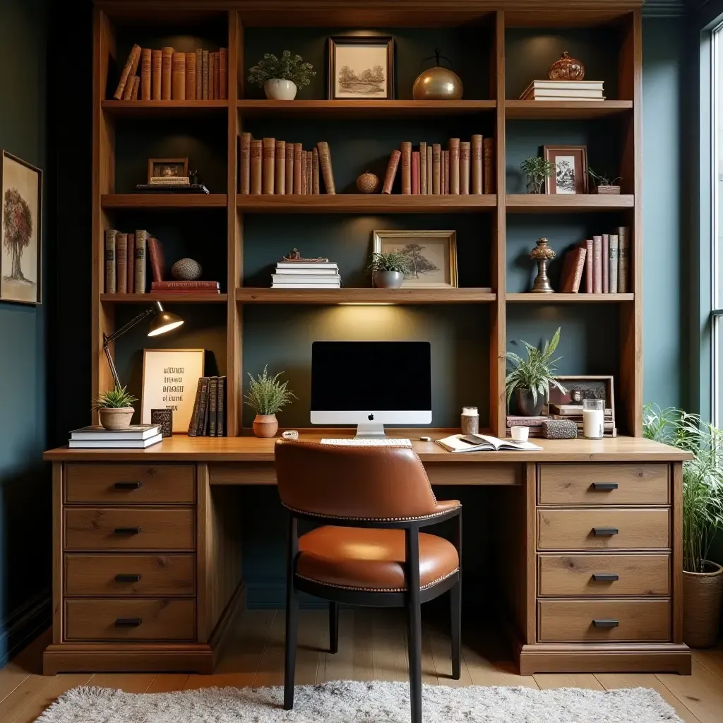 a photo of a rustic wooden desk surrounded by bookshelves and personal mementos