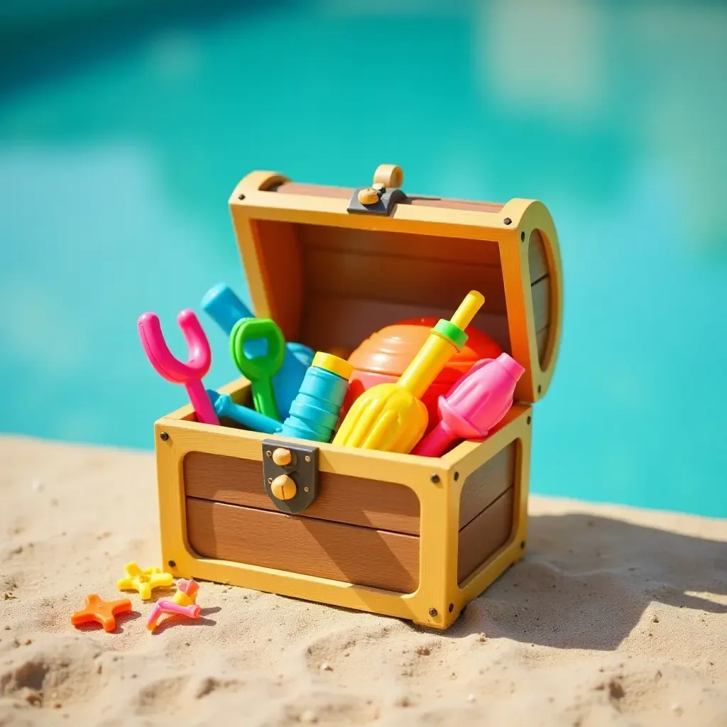 a photo of a whimsical treasure chest filled with beach toys by the pool