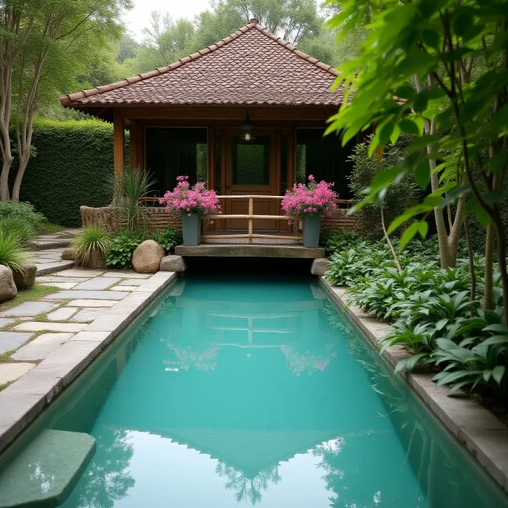 a photo of a tranquil pool area with a rustic wooden bridge and flower beds