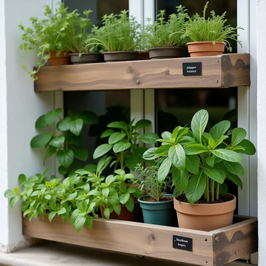 a photo of a balcony shelf transformed into a mini herb garden with labels