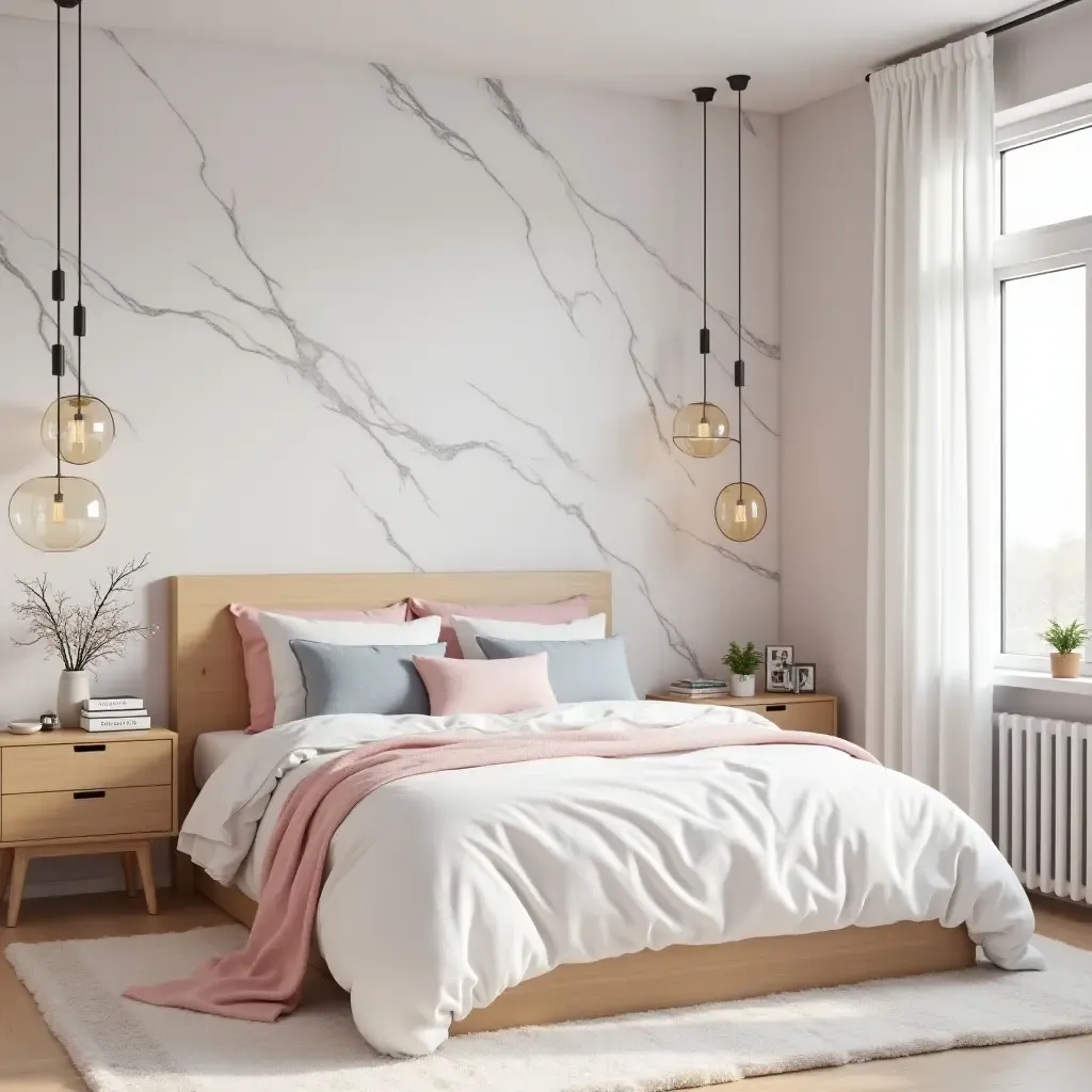 a photo of a chic marble-themed teen bedroom with pastel accents