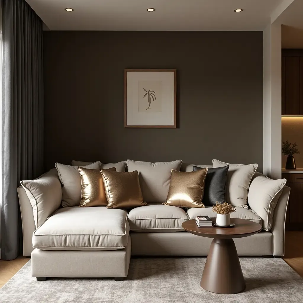 a photo of a chic basement lounge with metallic throw pillows on a sleek sofa