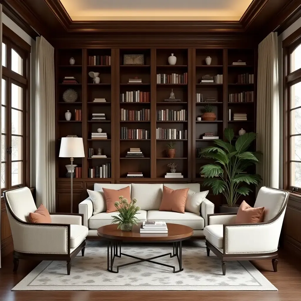 a photo of a classic mahogany and ivory library with traditional furnishings