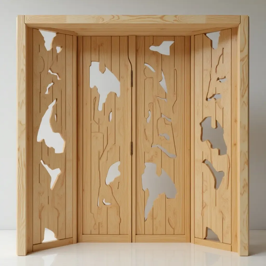 a photo of a wooden partition with decorative cutouts