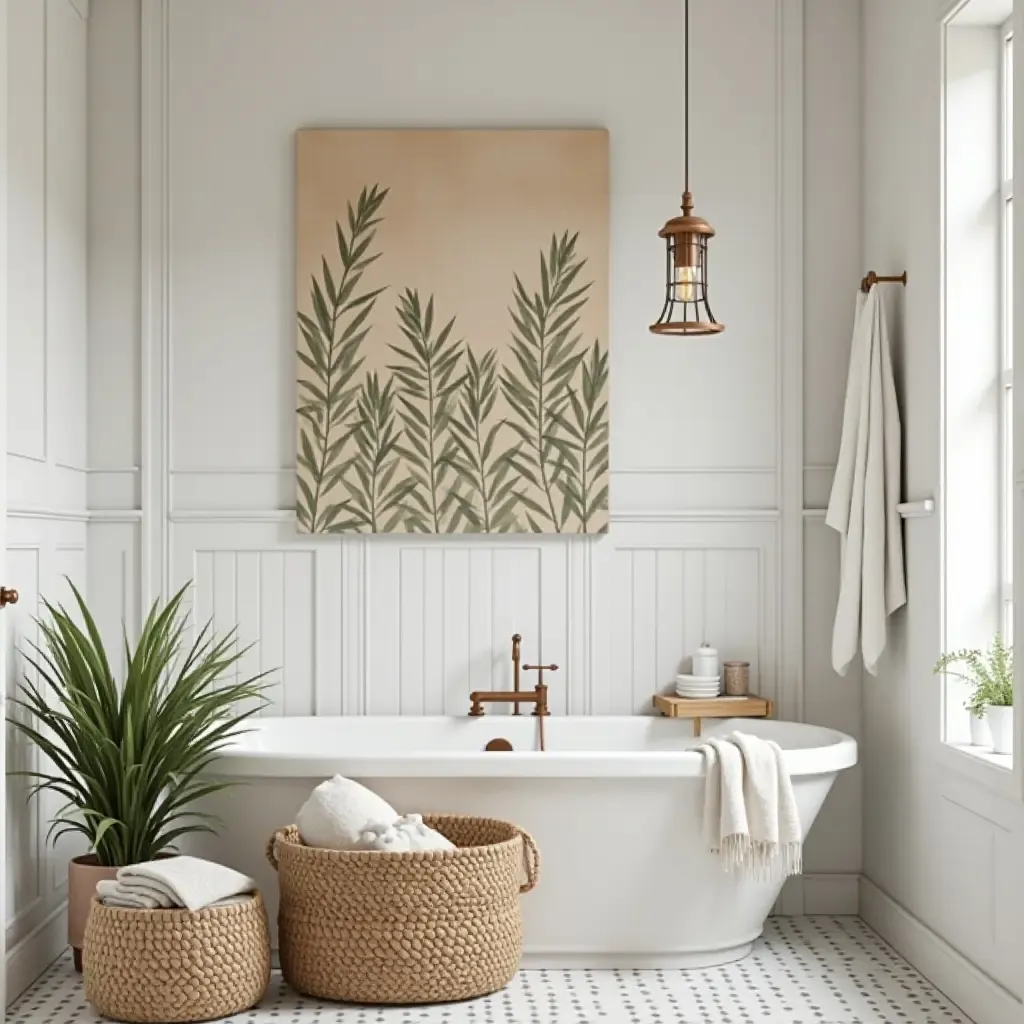 a photo of a bathroom with a beautiful woven basket display