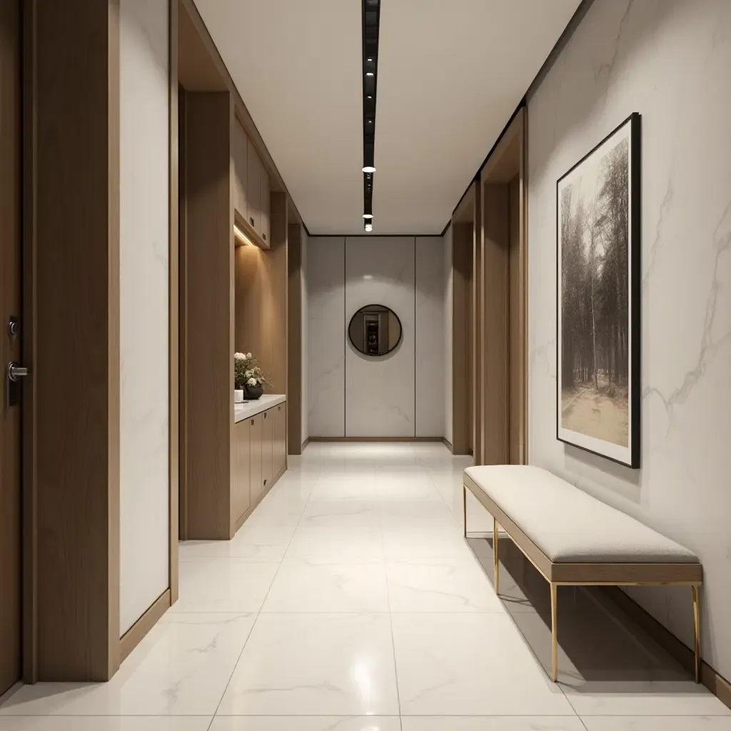 a photo of a modern corridor with a sleek bench and decor