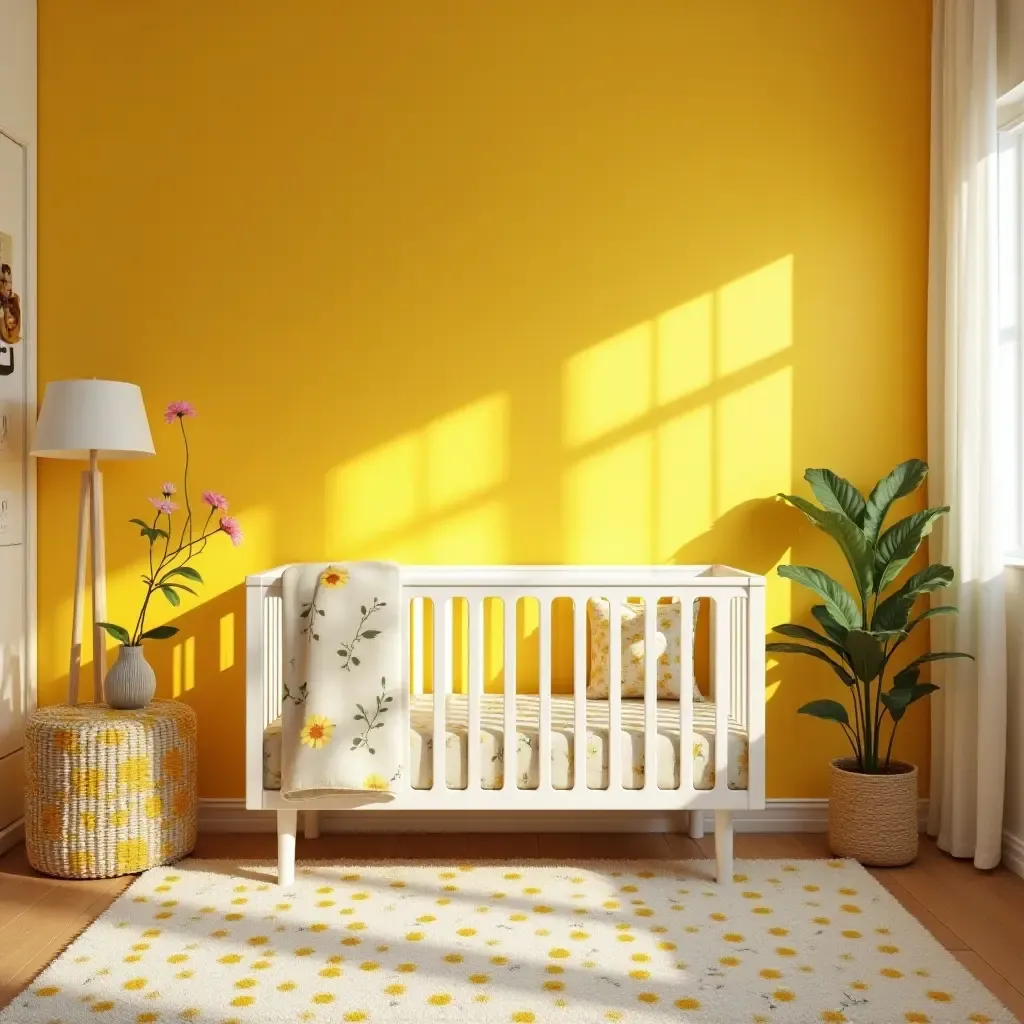 a photo of a nursery adorned with sun-drenched yellow walls and floral patterns