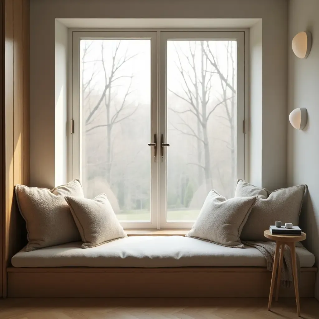 a photo of a cozy nook with a window seat and soft pillows