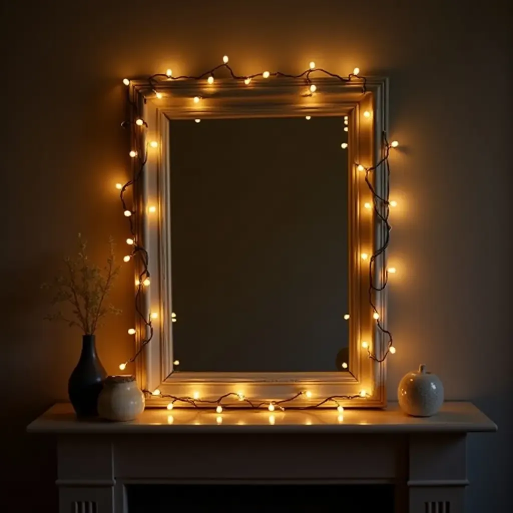 a photo of an antique mirror with fairy lights on a mantel