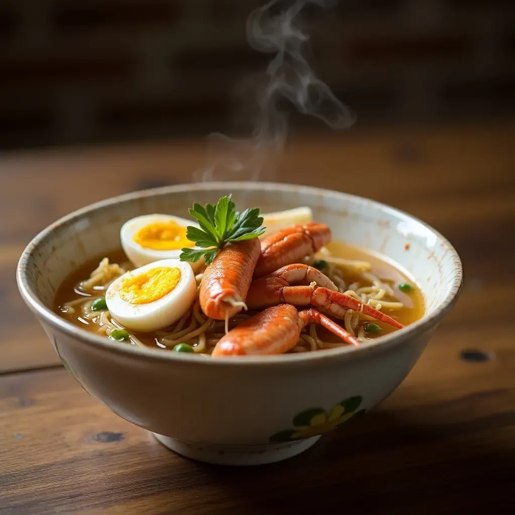 a photo of comforting banh canh thick noodle soup with crab and quail eggs