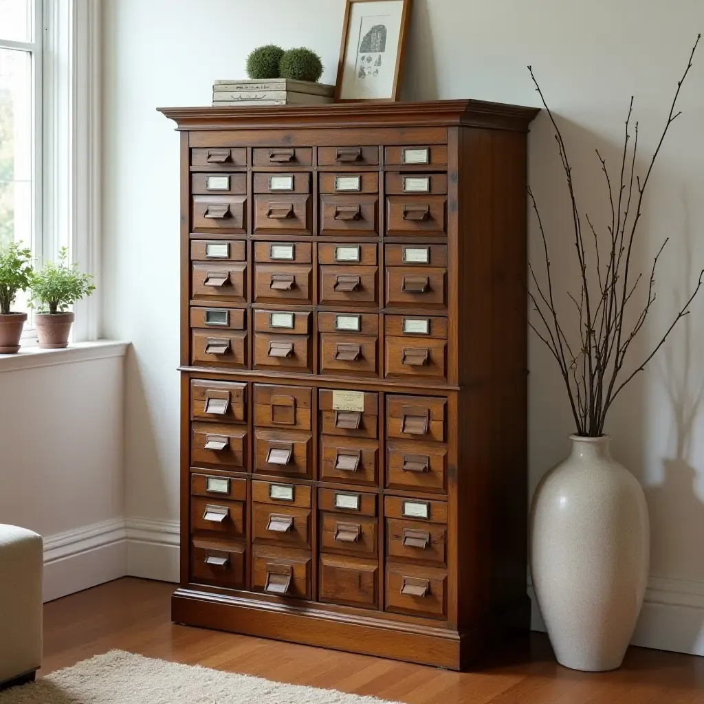 a photo of an old library card catalog repurposed as a decorative piece