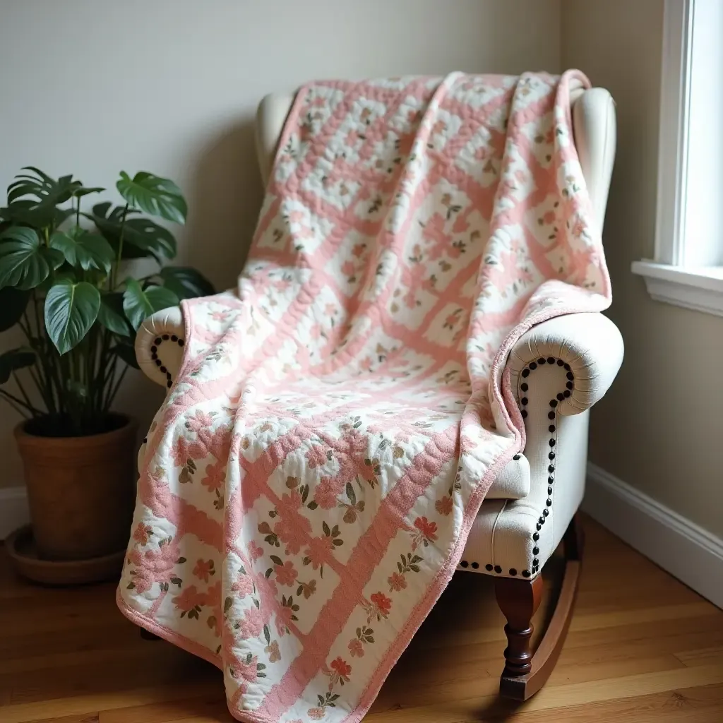 a photo of a charming quilt draped over a rocking chair