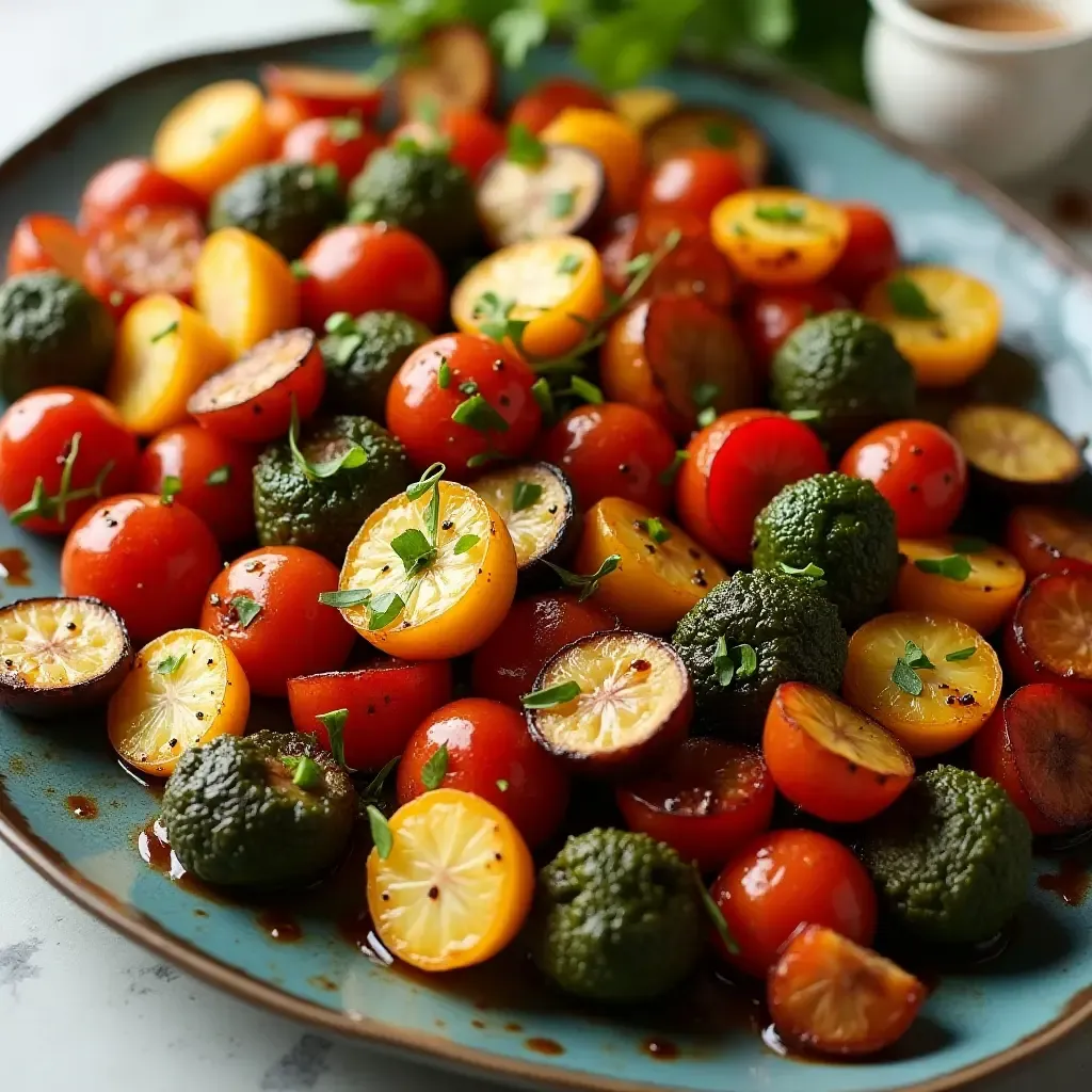 a photo of a roasted vegetable platter with a umami glaze and fresh herbs.