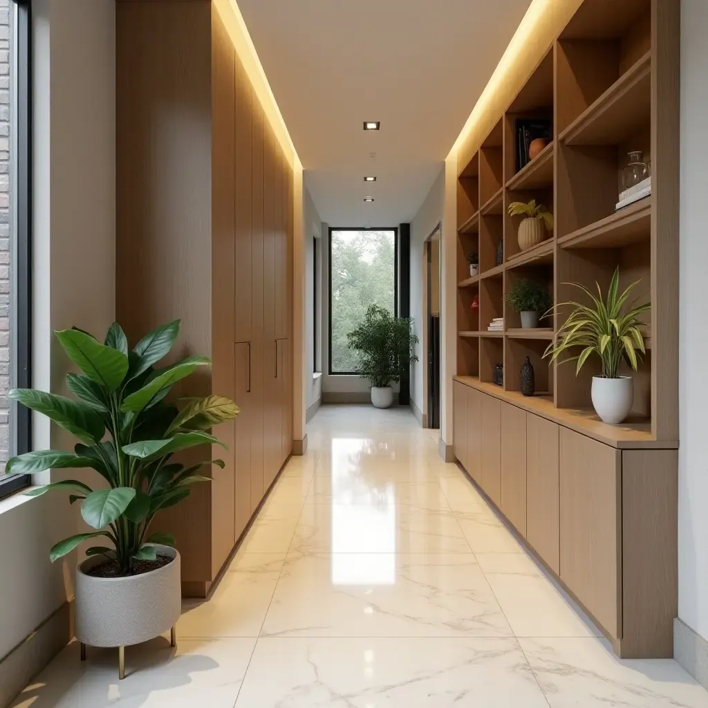 a photo of a narrow corridor with built-in shelving and plants