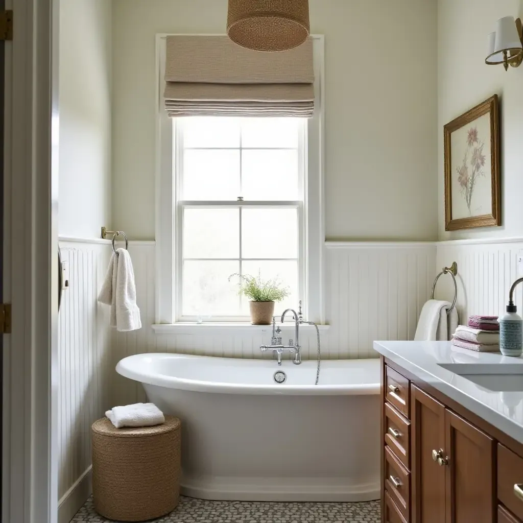 a photo of a cozy reading nook in a cottagecore bathroom