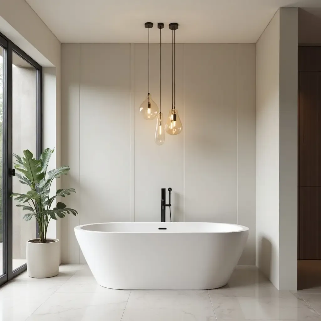 a photo of a modern bathroom with sleek pendant lights above a freestanding tub