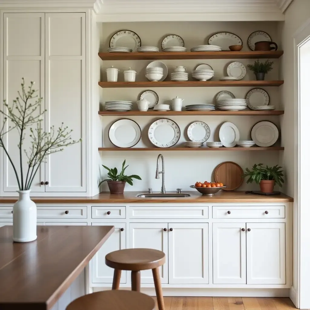 a photo of a kitchen with a farmhouse-style hutch and decorative plates