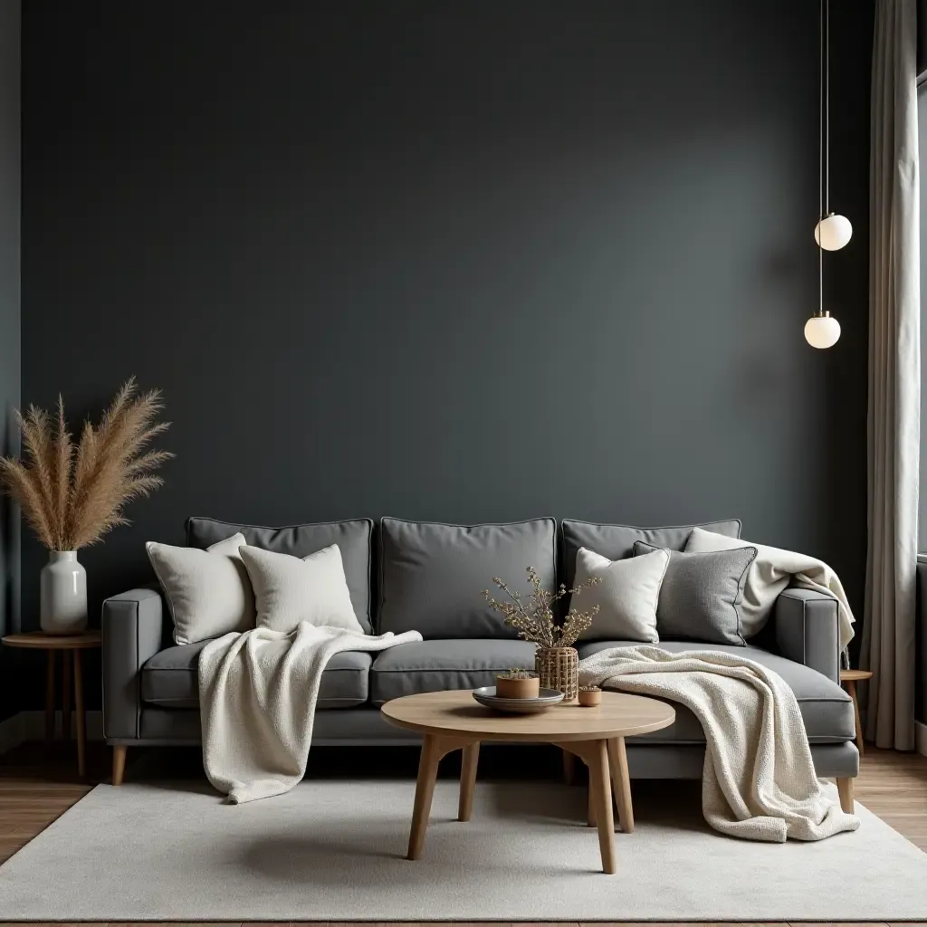 a photo of a dark grey living room with a calming atmosphere and soft throw blankets