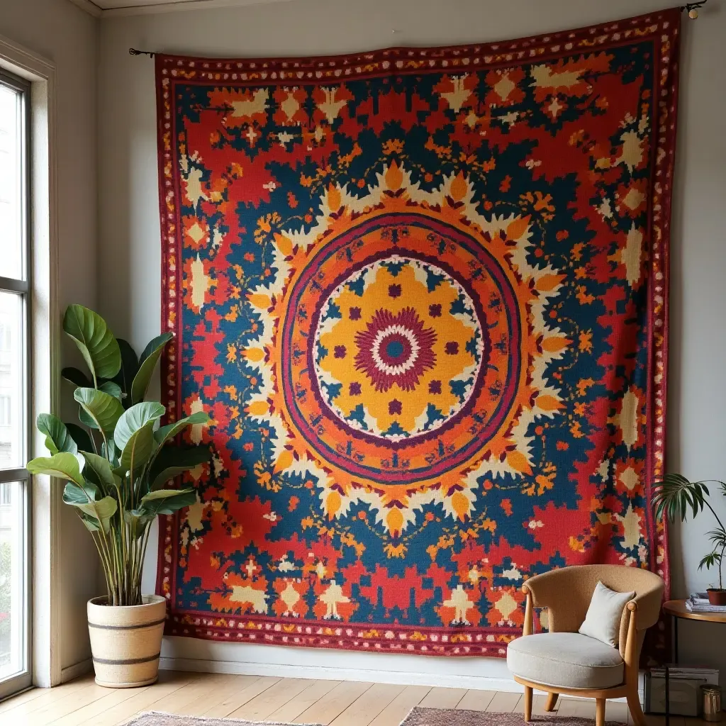 a photo of a large, colorful tapestry hanging on the wall