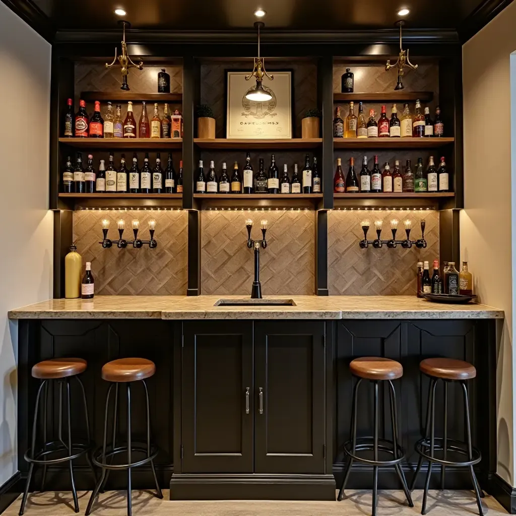 a photo of a basement craft beer station with industrial shelving and decor