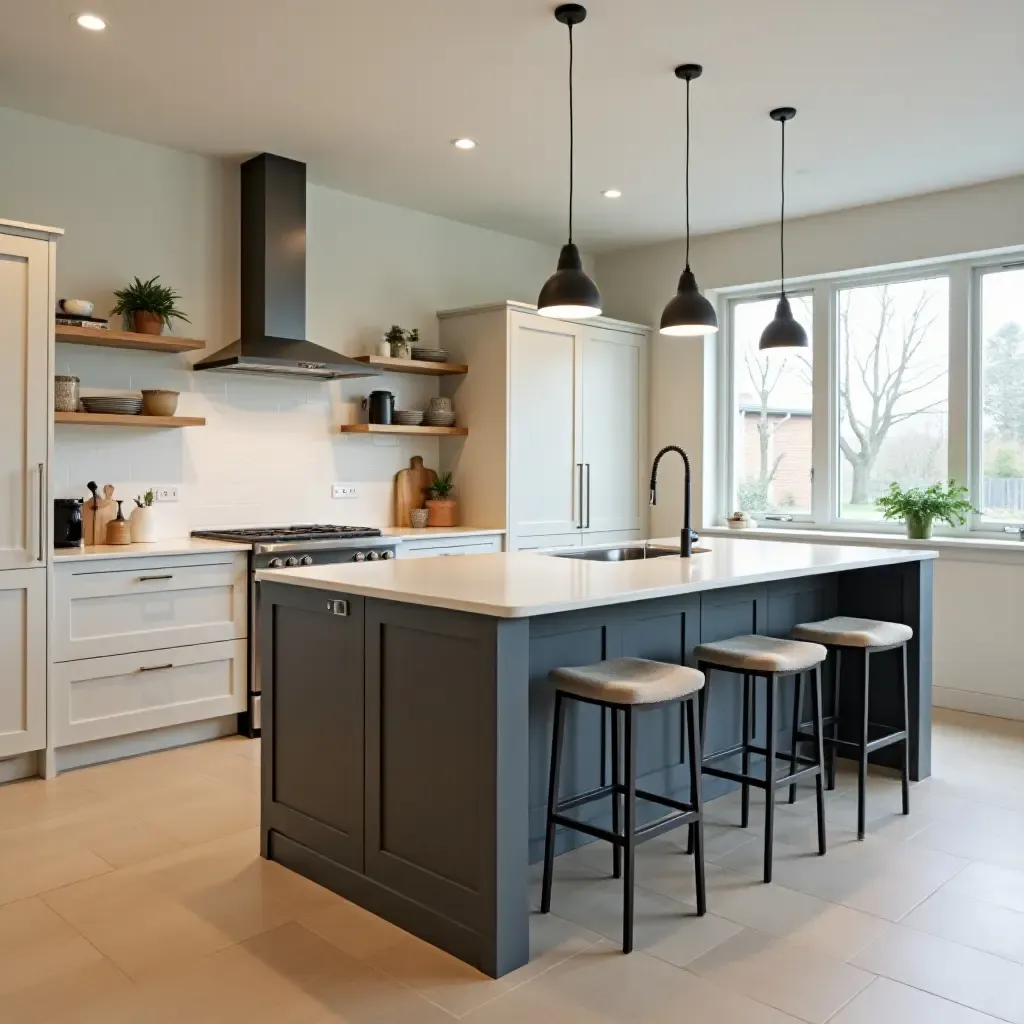 a photo of a spacious kitchen island with a contrasting color scheme and stools