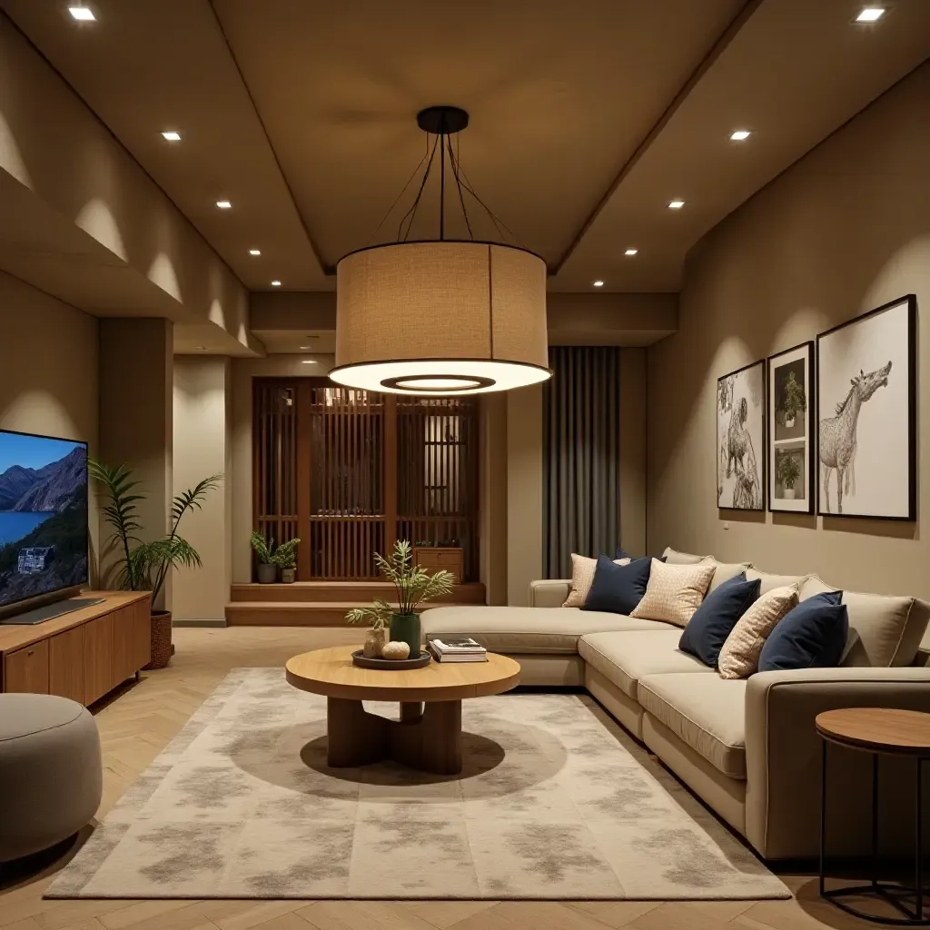 a photo of a renovated basement with eco-friendly pendant lighting