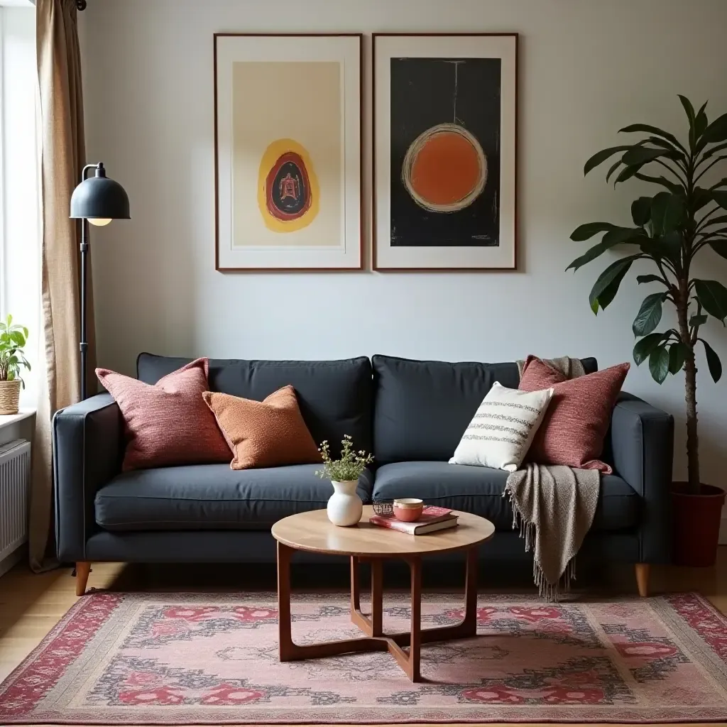 a photo of a dark grey couch in a bohemian-style living room with eclectic accessories