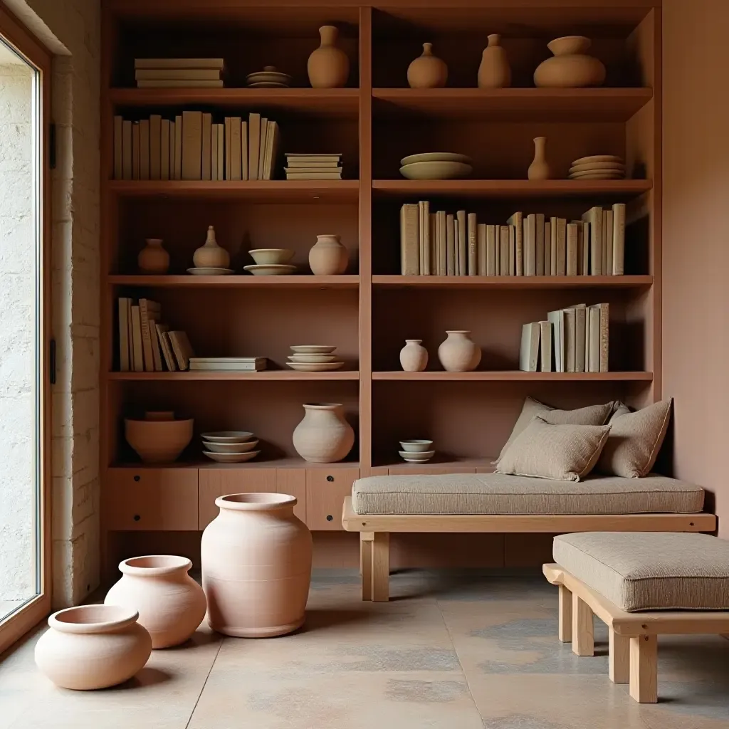 a photo of a home library with terracotta pots and handmade ceramics