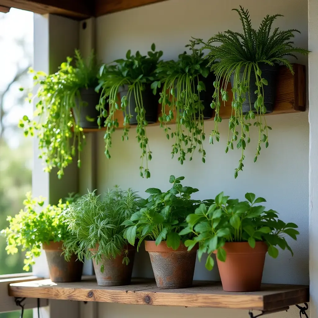 a photo of a balcony adorned with hanging herbs and a rustic wooden shelf