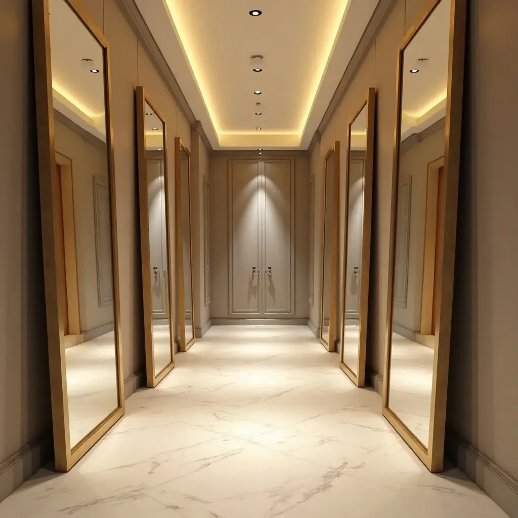 a photo of a corridor decorated with mirrors to enhance light