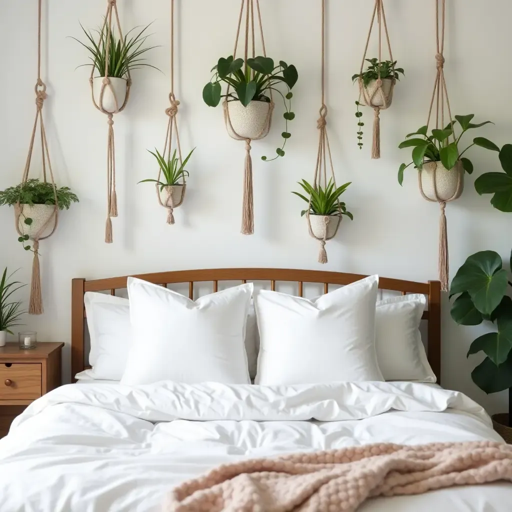 a photo of a cozy bedroom with hanging plants in macrame holders