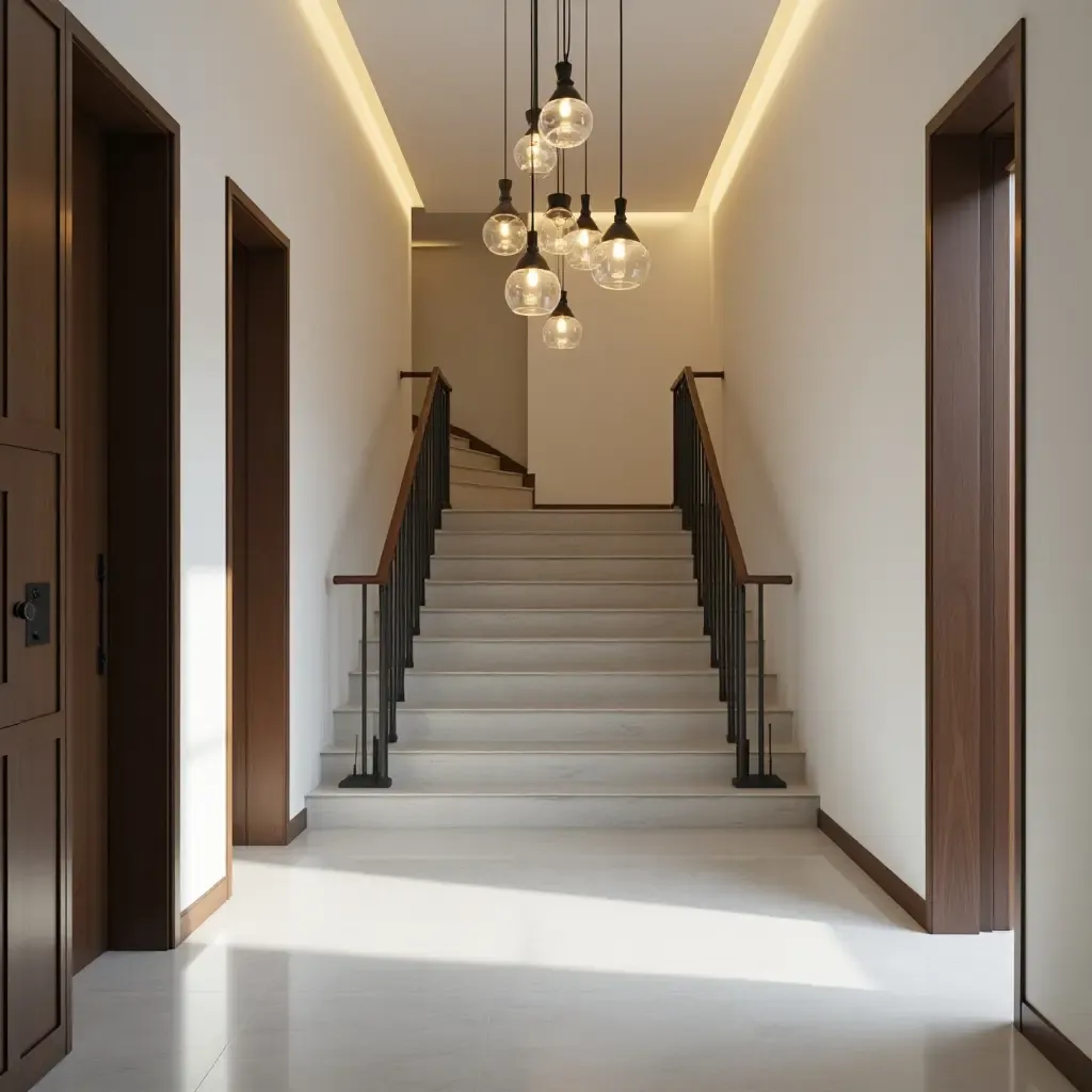 a photo of a contemporary entrance hall with pendant lights above stairs