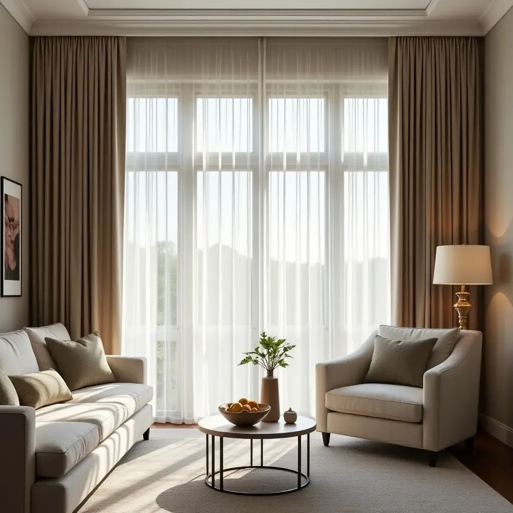 a photo of a living room featuring elegant drapery and curtains