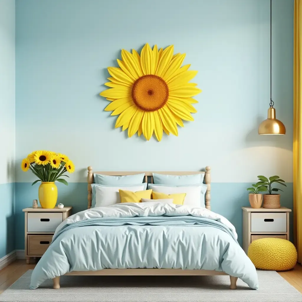 a photo of a bright sunflower yellow and sky blue teen bedroom