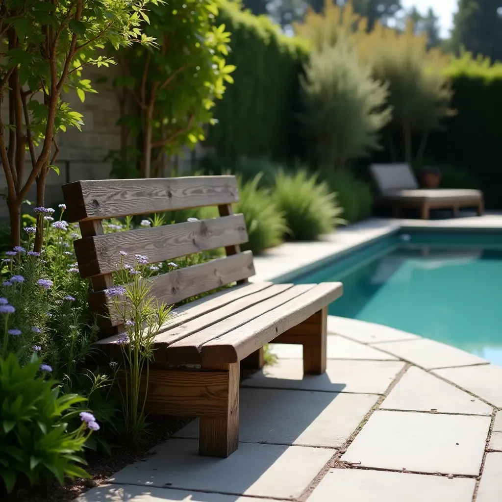 a photo of a rustic wooden bench with trailing plants by the pool