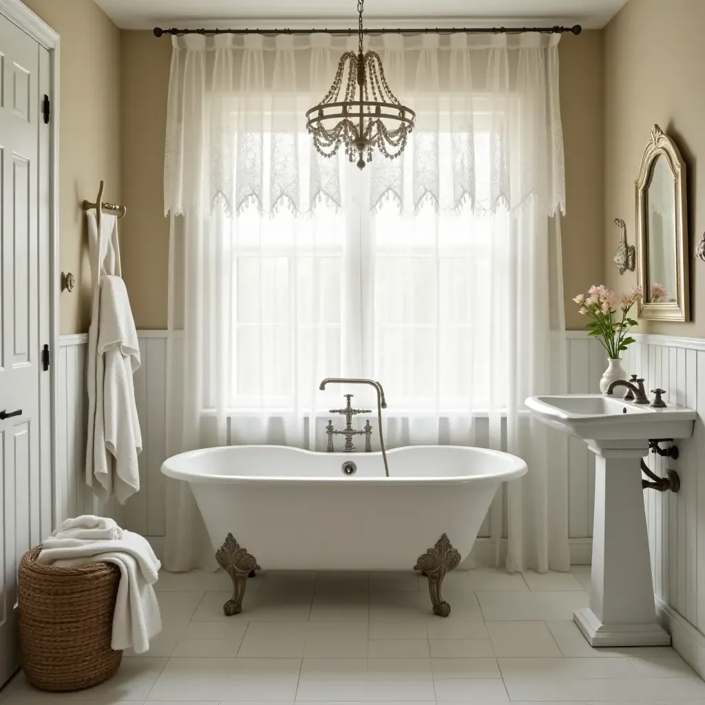 a photo of a charming bathroom with lace curtains