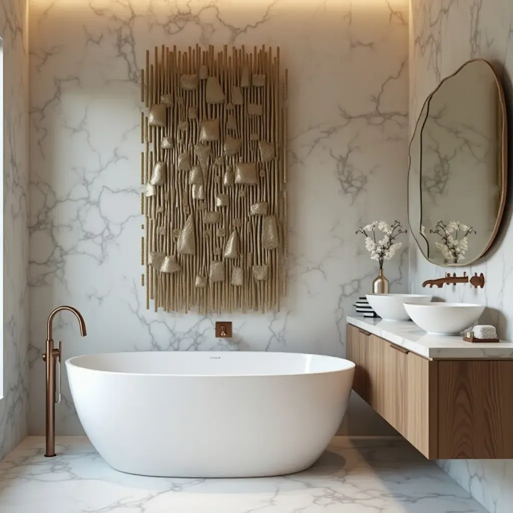 a photo of a modern metallic wall sculpture in a chic bathroom