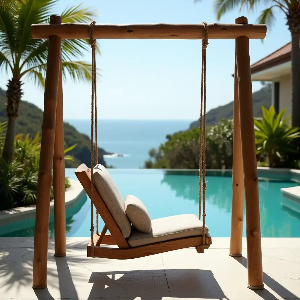 a photo of a wooden swing chair overlooking the pool