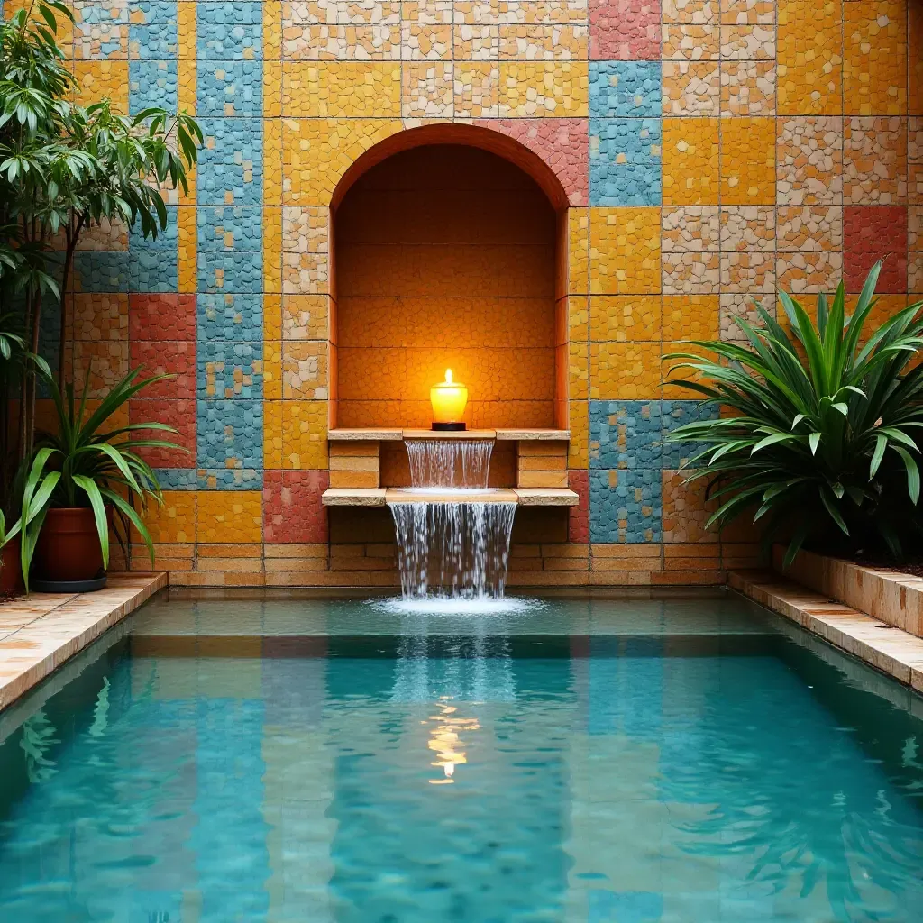 a photo of a colorful tiled wall with a water feature