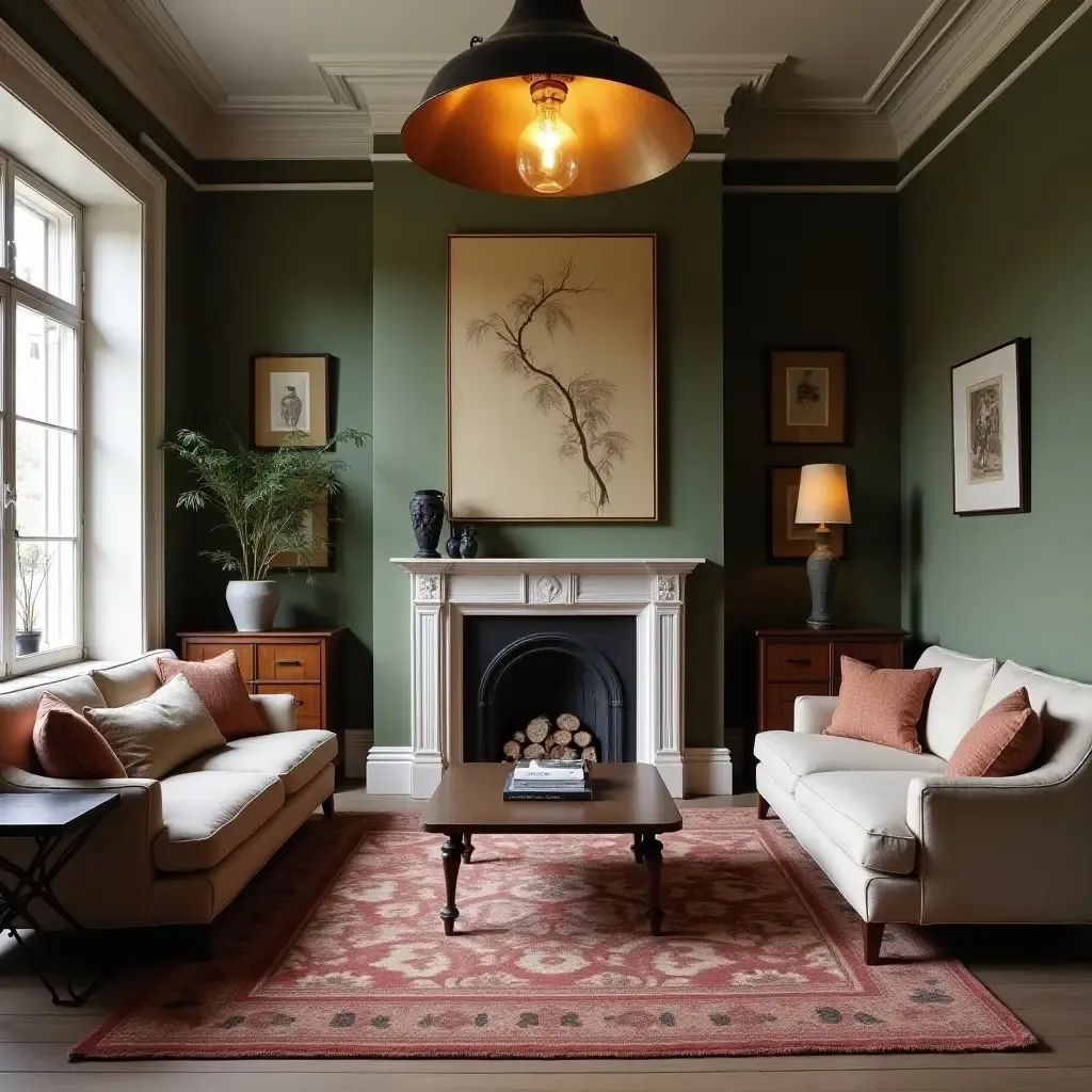 a photo of a vintage-inspired living room with antique pendant lighting and classic furnishings