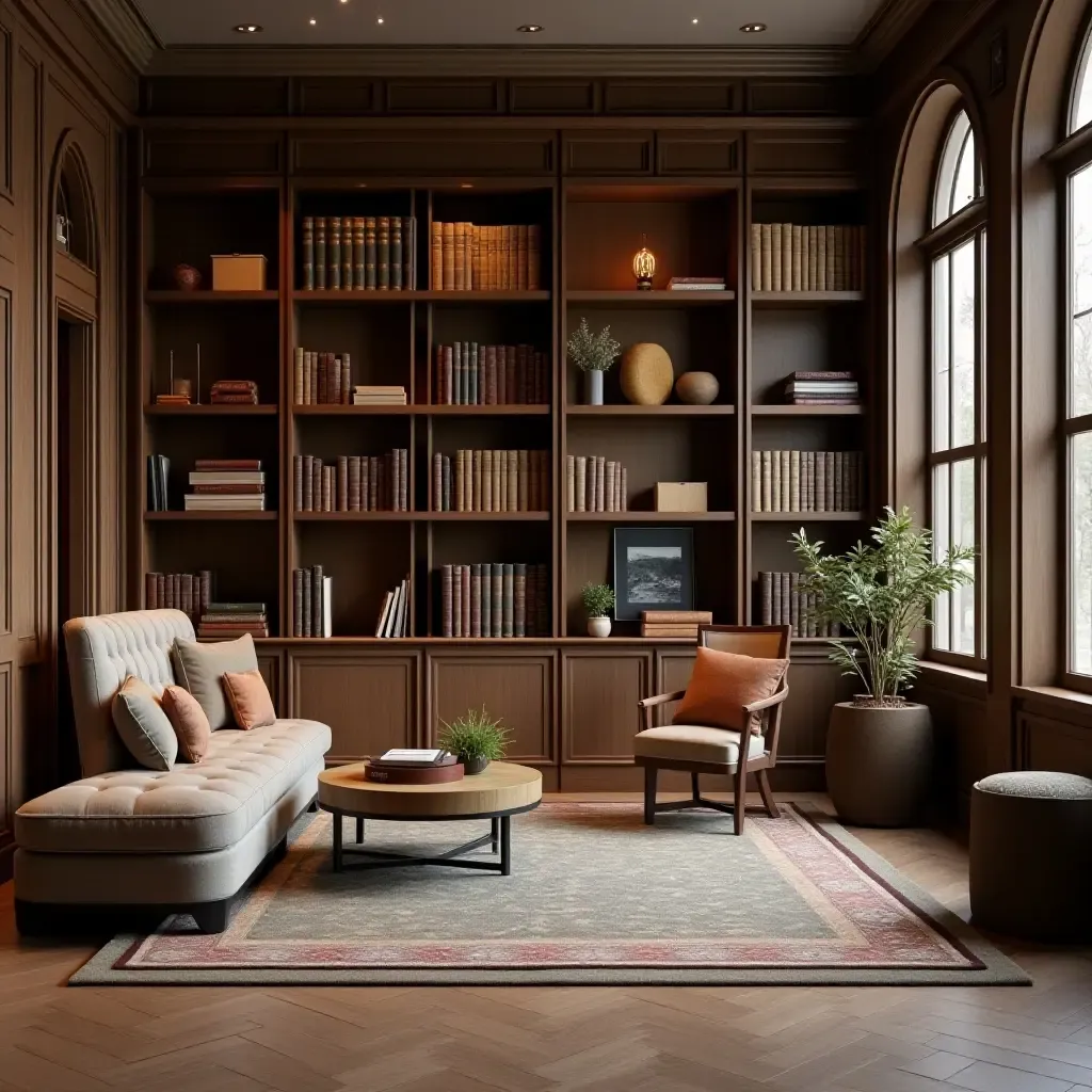 a photo of an elegant library featuring decorative storage boxes