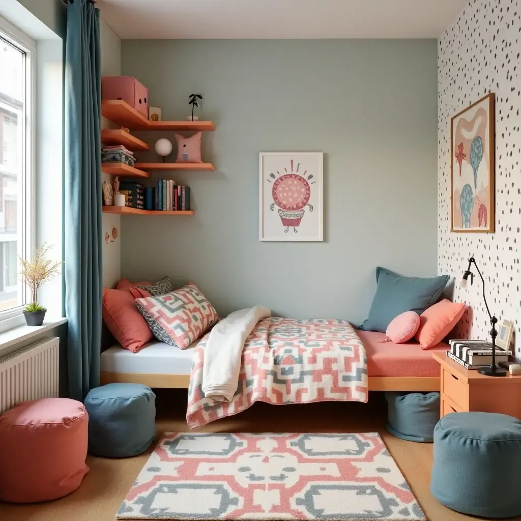 a photo of a stylish teen bedroom with colorful storage bins