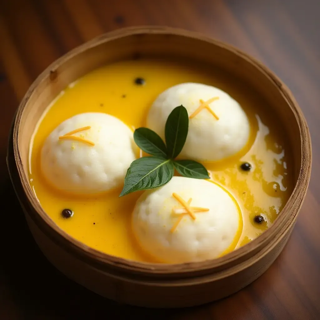 a photo of soft, steamed appam with coconut milk curry, topped with curry leaves.