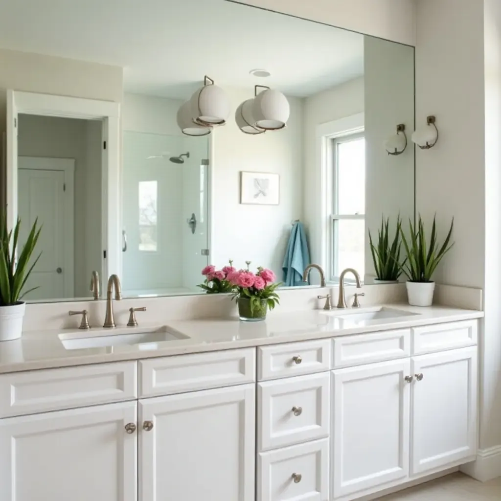 a photo of a bathroom with a mirrored backsplash and bright fixtures